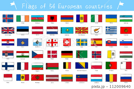 世界の国旗　ヨーロッパの54か国セット、手描き風 112009640