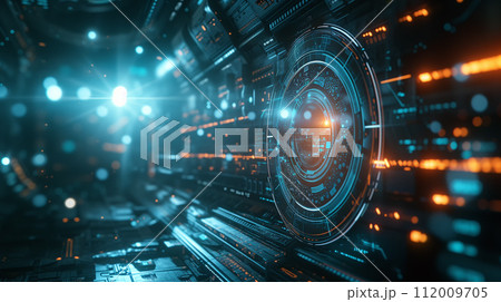 Abstract concept of a digital data tunnel with a glowing futuristic user interface and blue light effects. Abstract concept of a digital data tunnel with a glowing futuristic user interface and blue light effects. 112009705