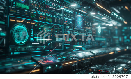 A sophisticated control panel featuring an array of digital data displays, dials, and graphs in a high-tech environment. A sophisticated control panel featuring an array of digital data displays, dials, and graphs in a high-tech environment. 112009707