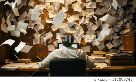 A writer sits in contemplation, surrounded by a storm of papers, symbolizing the overwhelming creative process or mental block in a dramatic workspace setting. 112009745