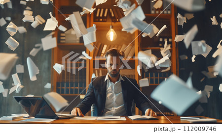 A businessman remains focused amidst a flurry of papers flying around in a dynamic and hectic office environment. A businessman remains focused amidst a flurry of papers flying around in a dynamic and hectic office environment. 112009746