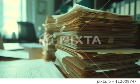 Piles of organized documents and files stacked high on a desk, highlighting the burden of administrative work in an office setting. 112009747