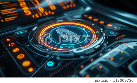 Close-up of an advanced fingerprint scanner interface with glowing neon lights and digital elements, symbolizing high-tech security. Close-up of an advanced fingerprint scanner interface with glowing neon lights and digital elements, symbolizing high-tech security. 112009750