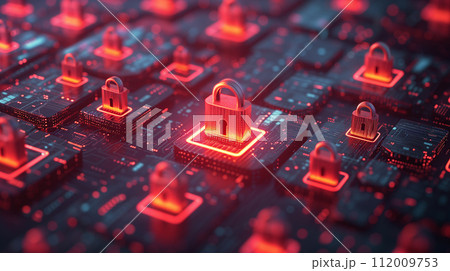 Multiple glowing padlocks on a circuit board represent robust data security and cyber protection measures. Multiple glowing padlocks on a circuit board represent robust data security and cyber protection measures. 112009753