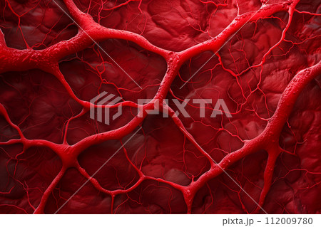 Highly detailed micrograph showcasing the complex and intricate network of human blood vessels in a scientific context. 112009780