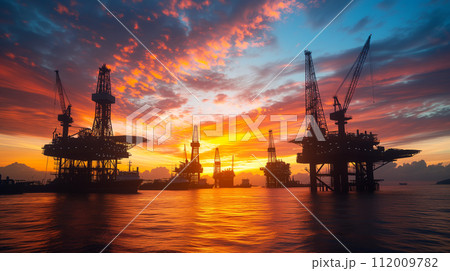 Silhouetted offshore oil rigs stand majestically under a dramatic sunset, reflecting on the calm ocean waters. 112009782