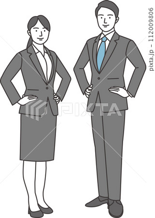ビジネススーツ姿の男女が笑顔で腰に手を当てて正面を向いているイラスト 112009806