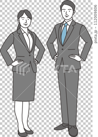 ビジネススーツ姿の男女が笑顔で腰に手を当てて正面を向いているイラスト 112009806