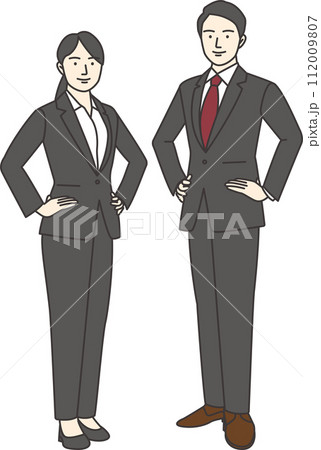 ビジネススーツ姿の男女が笑顔で腰に手を当てて正面を向いているイラスト 112009807