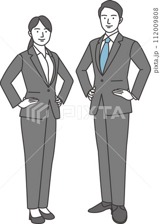 ビジネススーツ姿の男女が笑顔で腰に手を当てて正面を向いているイラスト 112009808