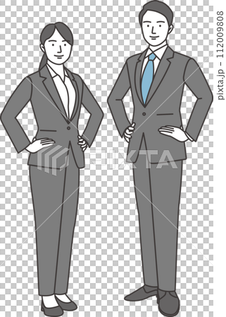ビジネススーツ姿の男女が笑顔で腰に手を当てて正面を向いているイラスト 112009808