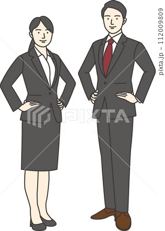 ビジネススーツ姿の男女が笑顔で腰に手を当てて正面を向いているイラスト ビジネススーツ姿の男女が笑顔で腰に手を当てて正面を向いているイラスト 112009809