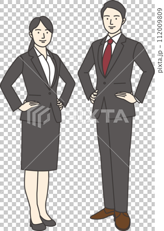ビジネススーツ姿の男女が笑顔で腰に手を当てて正面を向いているイラスト ビジネススーツ姿の男女が笑顔で腰に手を当てて正面を向いているイラスト 112009809