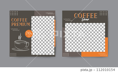 Collection of minimalist geometric coffee shop social media post templates. Square banner design background. 112010154