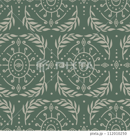 Seamless beige Damask pattern on a green background 112010250
