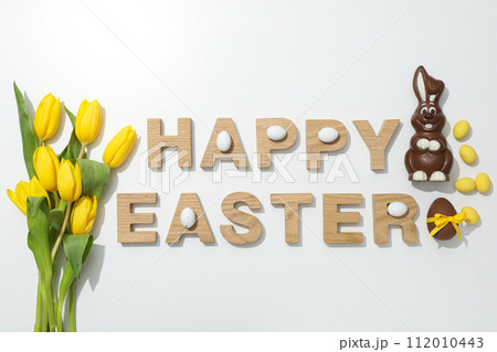 The inscription Happy Easter on a white background The inscription Happy Easter on a white background 112010443