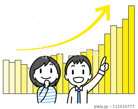上昇傾向のチャートと明るい表情の若い夫婦(棒グラフ) 上昇傾向のチャートと明るい表情の若い夫婦(棒グラフ) 112010777