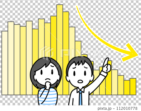 A chart with a downward trend and a young couple with a gloomy expression (bar graph) A chart with a downward trend and a young couple with a gloomy expression (bar graph) 112010778