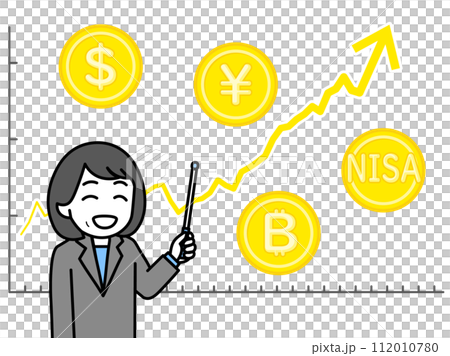 A female expert explaining with an upward trend chart and an indicator bar (line graph/gold coins) 112010780