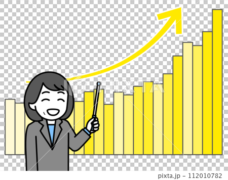 女專家以上升趨勢圖和指標條（長條圖）進行解說 112010782
