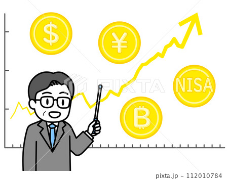 上昇傾向のチャートと指示棒を持って説明する男性専門家（折れ線グラフ・金貨） 112010784