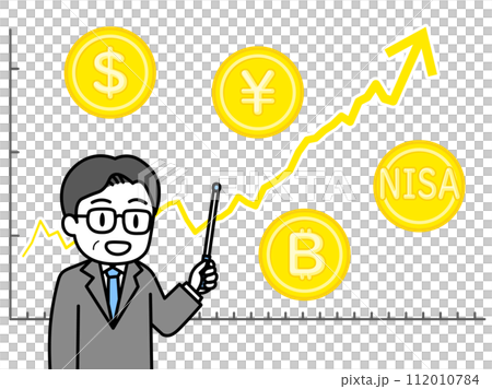 上昇傾向のチャートと指示棒を持って説明する男性専門家（折れ線グラフ・金貨） 112010784