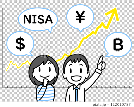 上升趨勢圖和表情明亮的年輕夫婦（折線圖/貨幣符號） 112010787