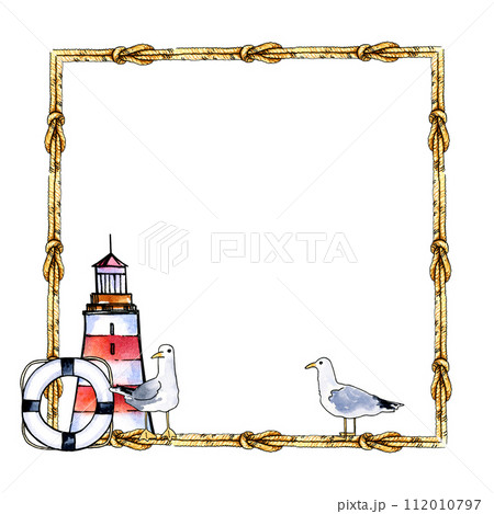 watercolor frame from old vintage knot, striped red and white lighthouse with lifeline and seabird, hand drawn square frame of textured rope with knots, striped lifeline and seagull, white background 112010797