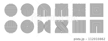 Line geometric arch and circle abstract shapes. Contemporary mid century line design set. Modern boho aesthetic stripes and grids. Bauhaus memphis swiss design vector illustration with editable stroke 112010862