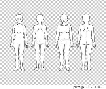 標準体型とふくよかな女性の全身イラストセット - 頭髪なし・裸 112011069