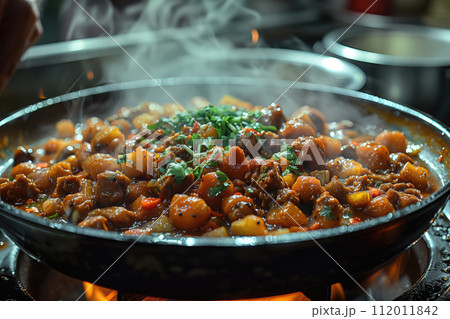 meat and vegetables stewed in a frying pan 112011842