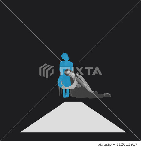 Silhouettes of couple, monochrome man lying on knees of blue silhouetted woman, Conceptual design. Building resilience in partnerships. Silhouettes of couple, monochrome man lying on knees of blue silhouetted woman, Conceptual design. Building resilience in partnerships. 112011917