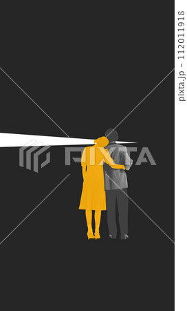Silhouette of couple in yellow and grey, embracing while looking towards white line. Conceptual design. Maintaining relationships through life's transitions. 112011918