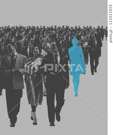 Blue silhouette of woman walking in monochrome crowd of people. Conceptual design. Standing out, rejection of standards 112011919