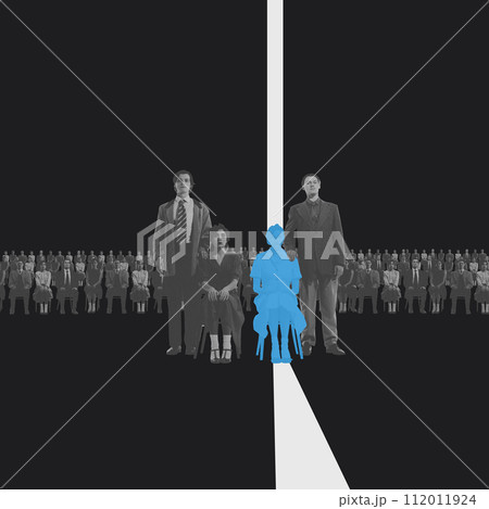 Monochrome image split by white line, contrasting woman in blue with crowds of men. Conceptual design. Importance of equality 112011924