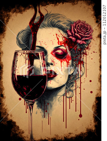 Red wine in glass with portrait of a beautiful woman with rose flower. Dripping and splashing wine and blood. Abstract, bloody Valentine concept. Wall art poster design. Ai generative 112012107