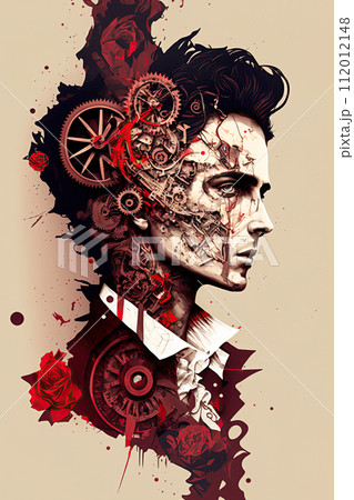 Steampunk mechanized man made of clockwork gears and springs portrait. Vintage machine and mechanism. Poster, wall art design. Ai Generative 112012148