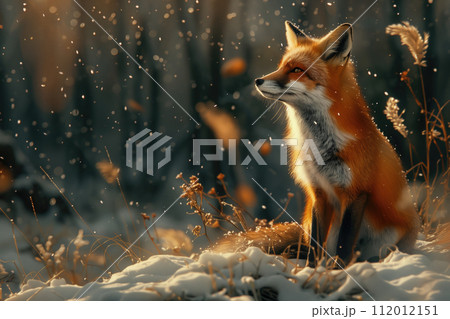 Red fox in the winter forest. Fox in the snowy forest. 112012151