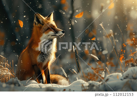 Red fox in the winter forest. Fox in the snowy forest. 112012153