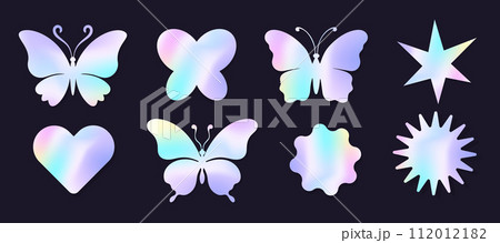 Holographic y2k future metal butterfly badge, stamp, trendy colored sticker set heart and abstract shapes. Silver foil tag collection 112012182