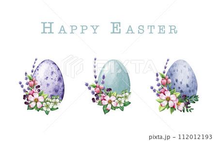 Easter painted egg with spring flower decor set. Watercolor illustration. Hand drawn Easter vintage style colored egg decoration with spring tender flowers, lavender collection. White background Easter painted egg with spring flower decor set. Watercolor illustration. Hand drawn Easter vintage style colored egg decoration with spring tender flowers, lavender collection. White background 112012193