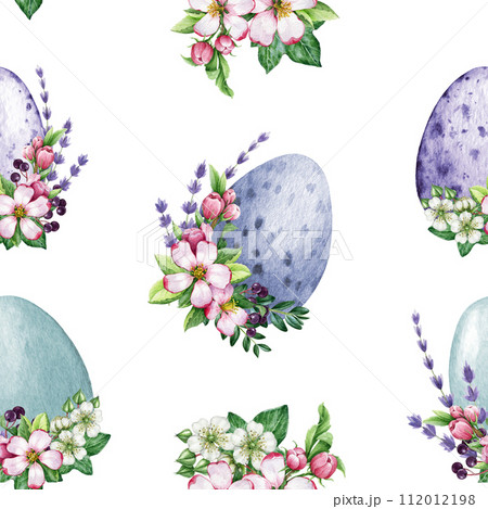 Easter painted egg with spring flower decor seamless pattern. Watercolor illustration. Hand drawn festive traditional colored egg decoration with tender flowers, lavender. Easter seamless pattern 112012198