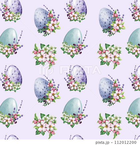 Easter painted eggs with spring floral decor seamless pattern. Watercolor illustration. Hand drawn festive traditional colored egg decor with tender garden flowers, lavender. Easter seamless pattern 112012200