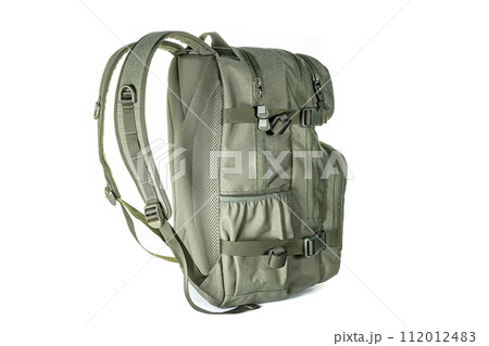 Backpack bag gear protective color khaki, tactical sports equipment isolated on white background 112012483