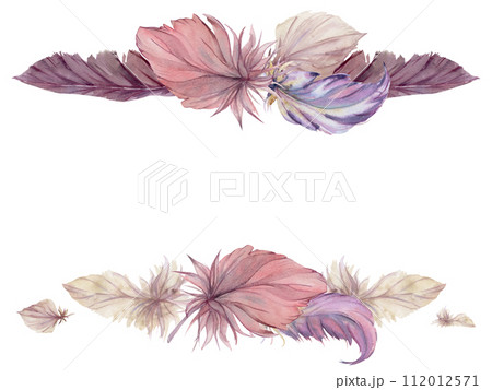 Hand drawn watercolor bird feather plume quill boho tribal ethnic indian purple. Horizontal frame isolated on white background. Design charm, amulet, dreamcatcher, scrapbooking, handmade craft, tattoo Hand drawn watercolor bird feather plume quill boho tribal ethnic indian purple. Horizontal frame isolated on white background. Design charm, amulet, dreamcatcher, scrapbooking, handmade craft, tattoo 112012571