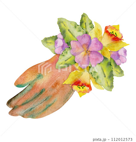 Hand drawn watercolor illustration spring gardening wear, brown leather gloves with flowers and leaves. Composition isolated on white background. Design print, shop, scrapbooking, packaging, decoupage Hand drawn watercolor illustration spring gardening wear, brown leather gloves with flowers and leaves. Composition isolated on white background. Design print, shop, scrapbooking, packaging, decoupage 112012573