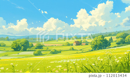 綺麗な青空と田舎のイラスト	 112013434