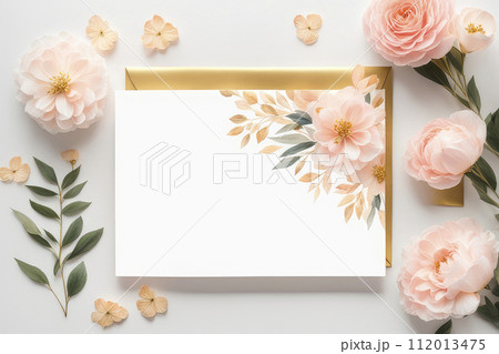 Blank paper wedding greeting card with flowers peach fuzz colors on of pastel background. Blank paper wedding greeting card with flowers peach fuzz colors on of pastel background. 112013475