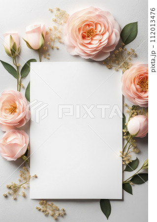 Blank paper wedding greeting card with flowers peach fuzz colors on of pastel background. 112013476