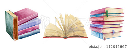 Nice cute and warm watercolor vintage book stacks and one old yellow paged opened book Nice cute and warm watercolor vintage book stacks and one old yellow paged opened book 112013667